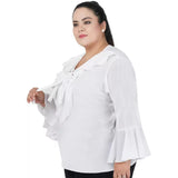 Women's Casual Bell Sleeve Solid White Top (Color:White, Material:Georgette) - GillKart