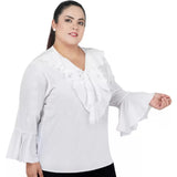 Women's Casual Bell Sleeve Solid White Top (Color:White, Material:Georgette) - GillKart