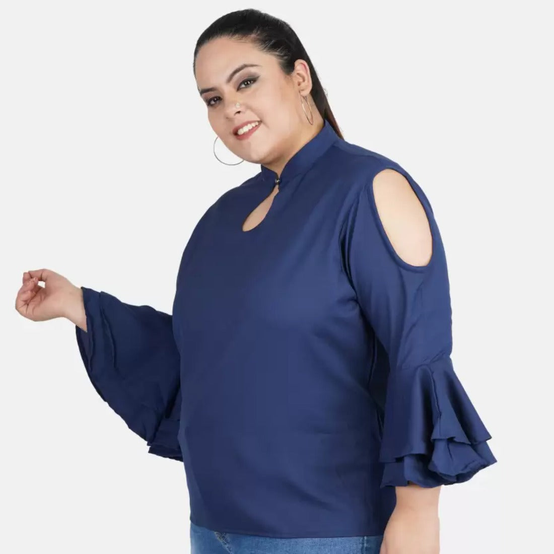 Women's Casual Bell Sleeve Solid Blue Top (Color:Blue, Material:Crepe) - GillKart