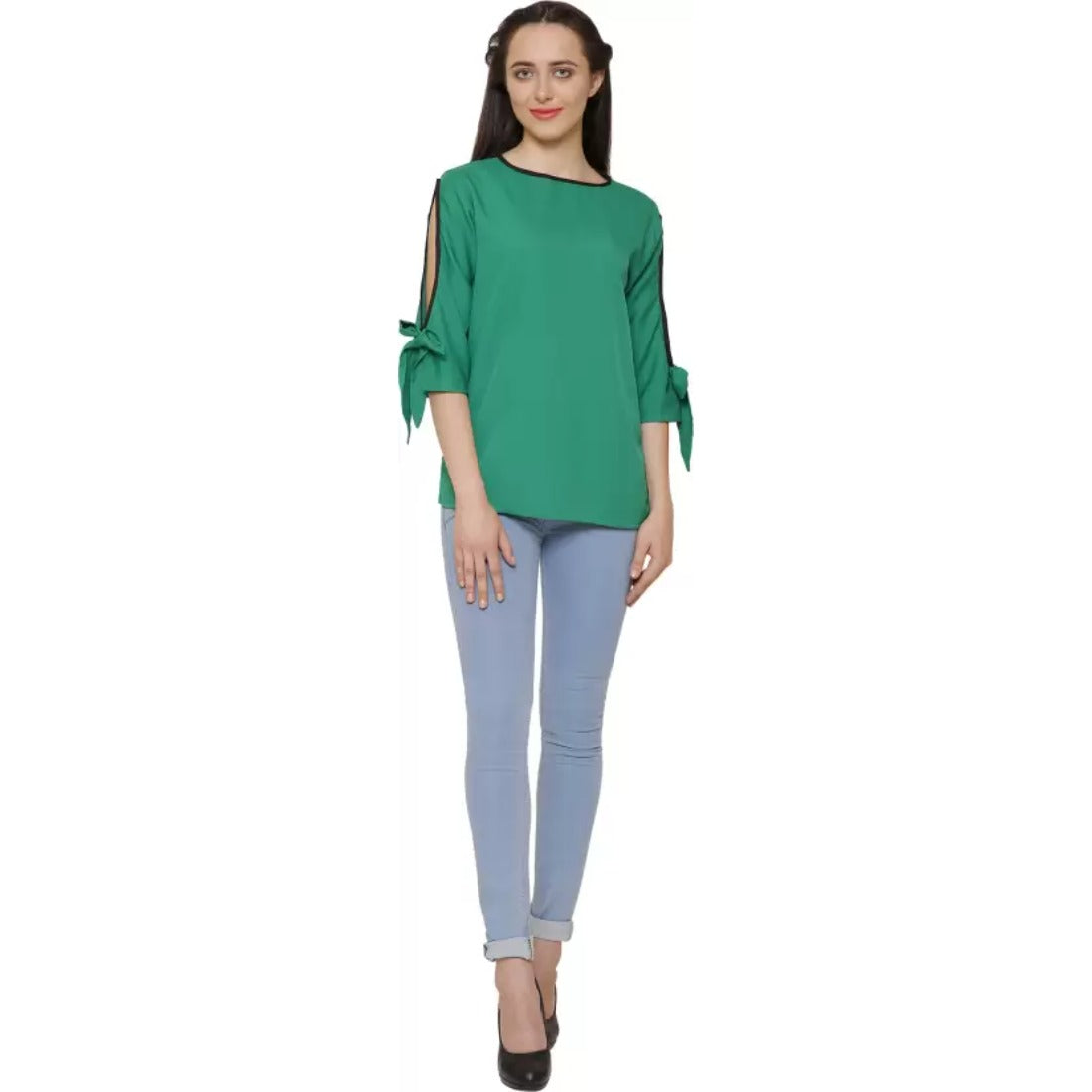 Women's Casual Slit Sleeve Solid Green Top (Color:Green, Material:Poly Crepe) - GillKart