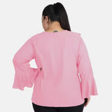 Women's Casual Bell Sleeve Solid Pink Top (Color:Pink, Material:Georgette) - GillKart