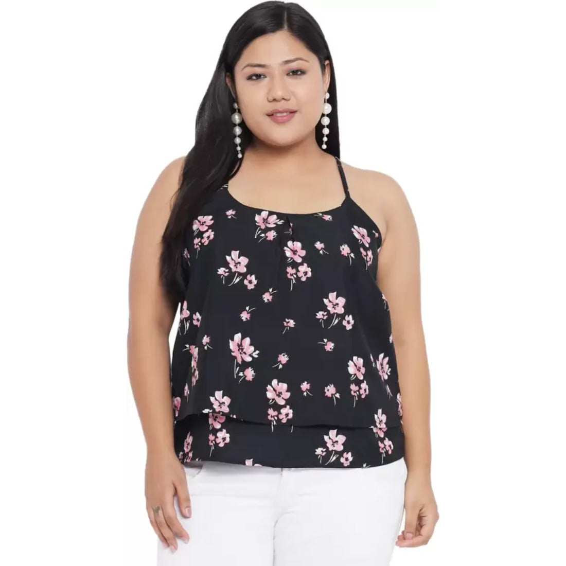 Women's Casual Floral Print Black Top (Color:Black, Material:Polyester) - GillKart