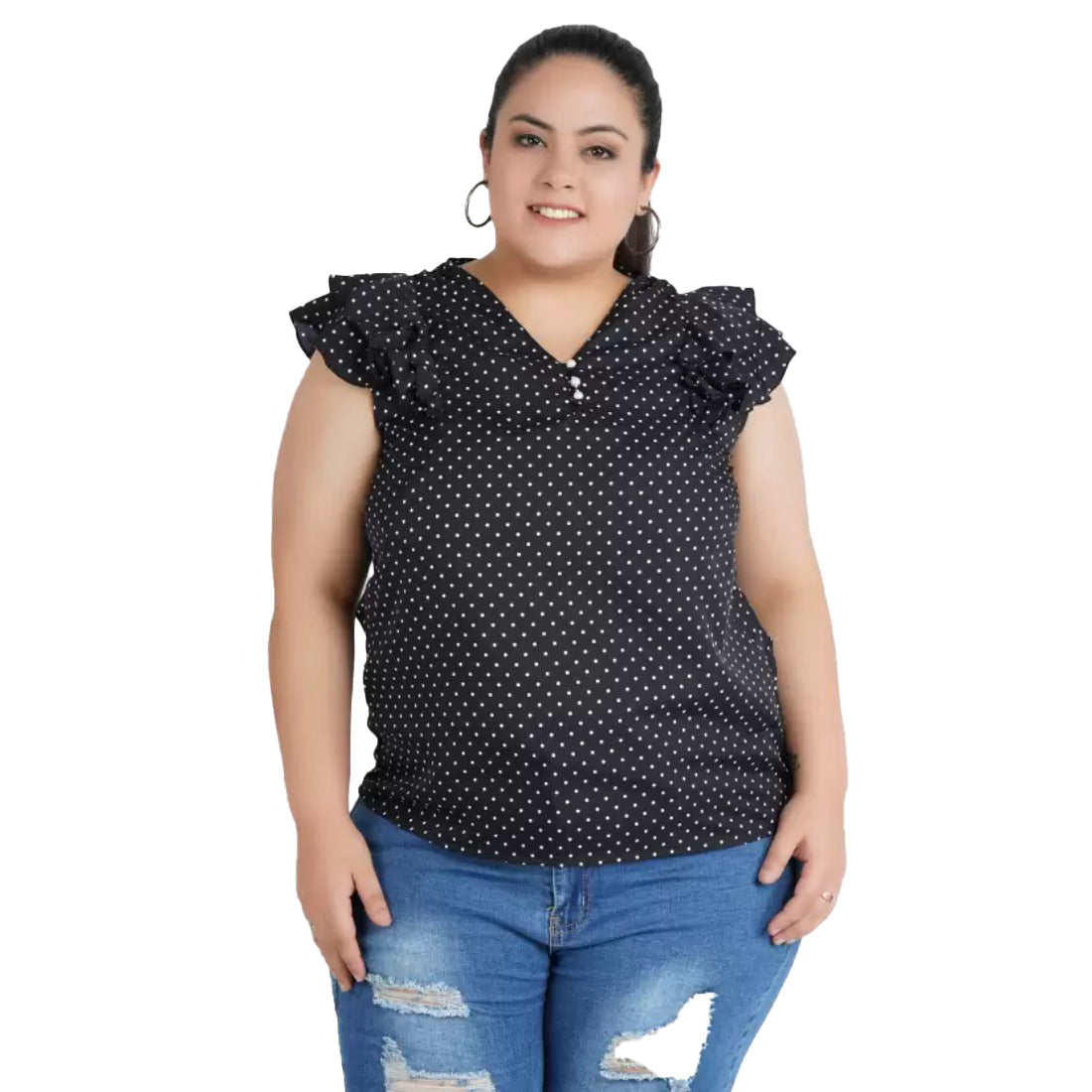 Women's Casual Flutter Sleeve Polka Print Black Top (Color:Black, Material:Crepe) - GillKart