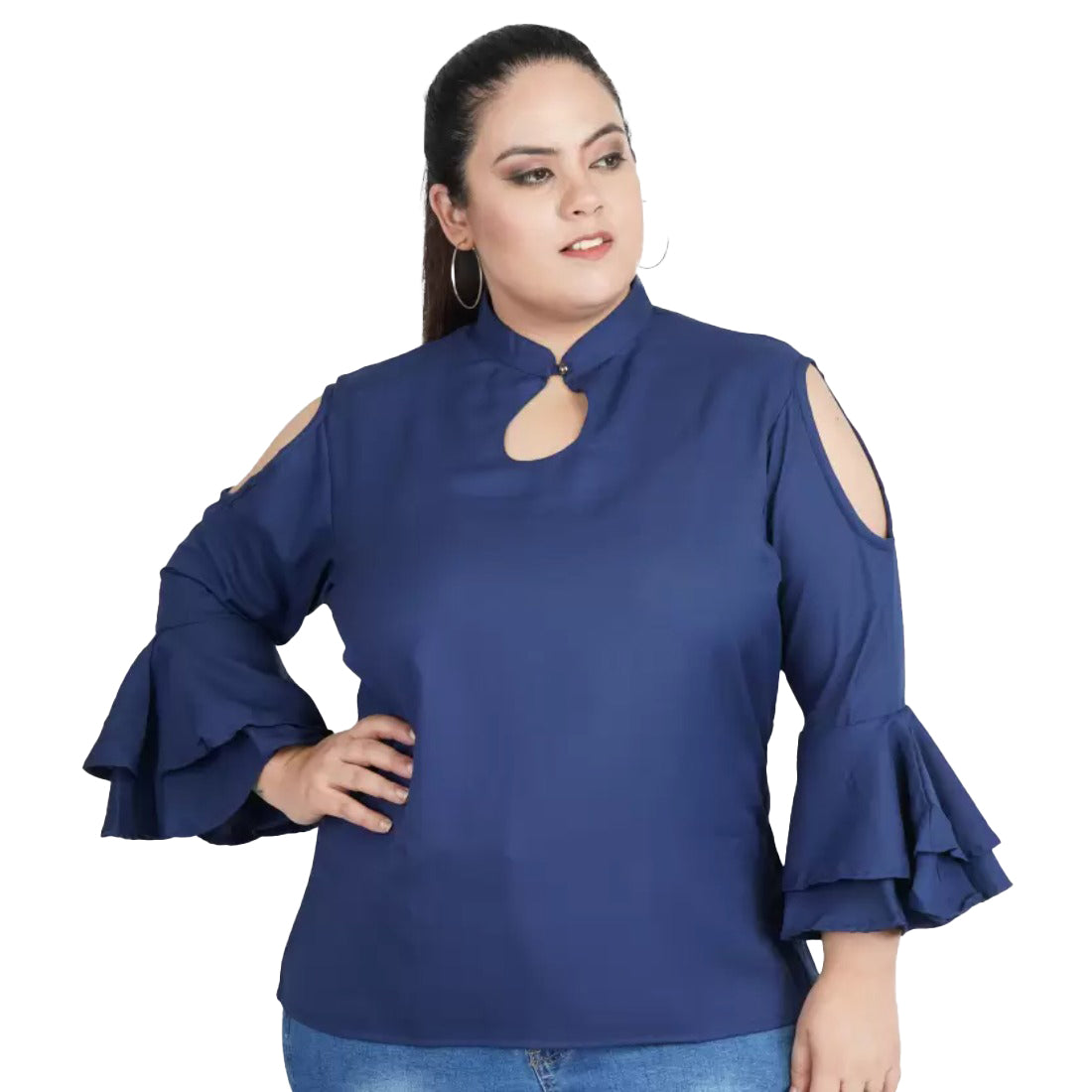 Women's Casual Bell Sleeve Solid Blue Top (Color:Blue, Material:Crepe) - GillKart