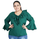 Women's Casual Bell Sleeve Solid Green Top (Color:Green, Material:Georgette) - GillKart