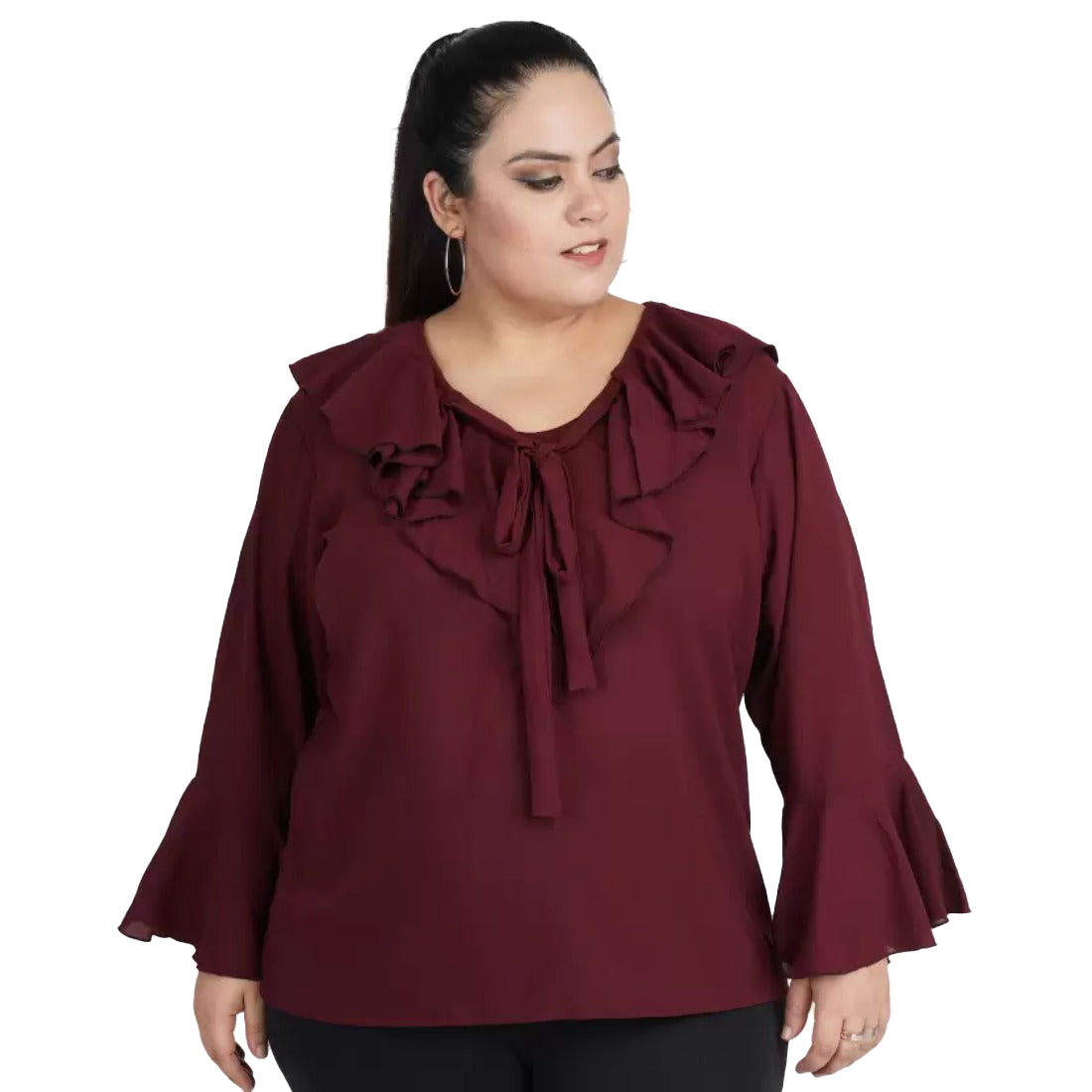 Women's Casual Bell Sleeve Solid Maroon Top (Color:Maroon, Material:Georgette) - GillKart