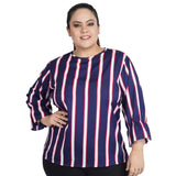 Women's Casual Bell Sleeve Striped Blue Top (Color:Blue, Material:Crepe) - GillKart