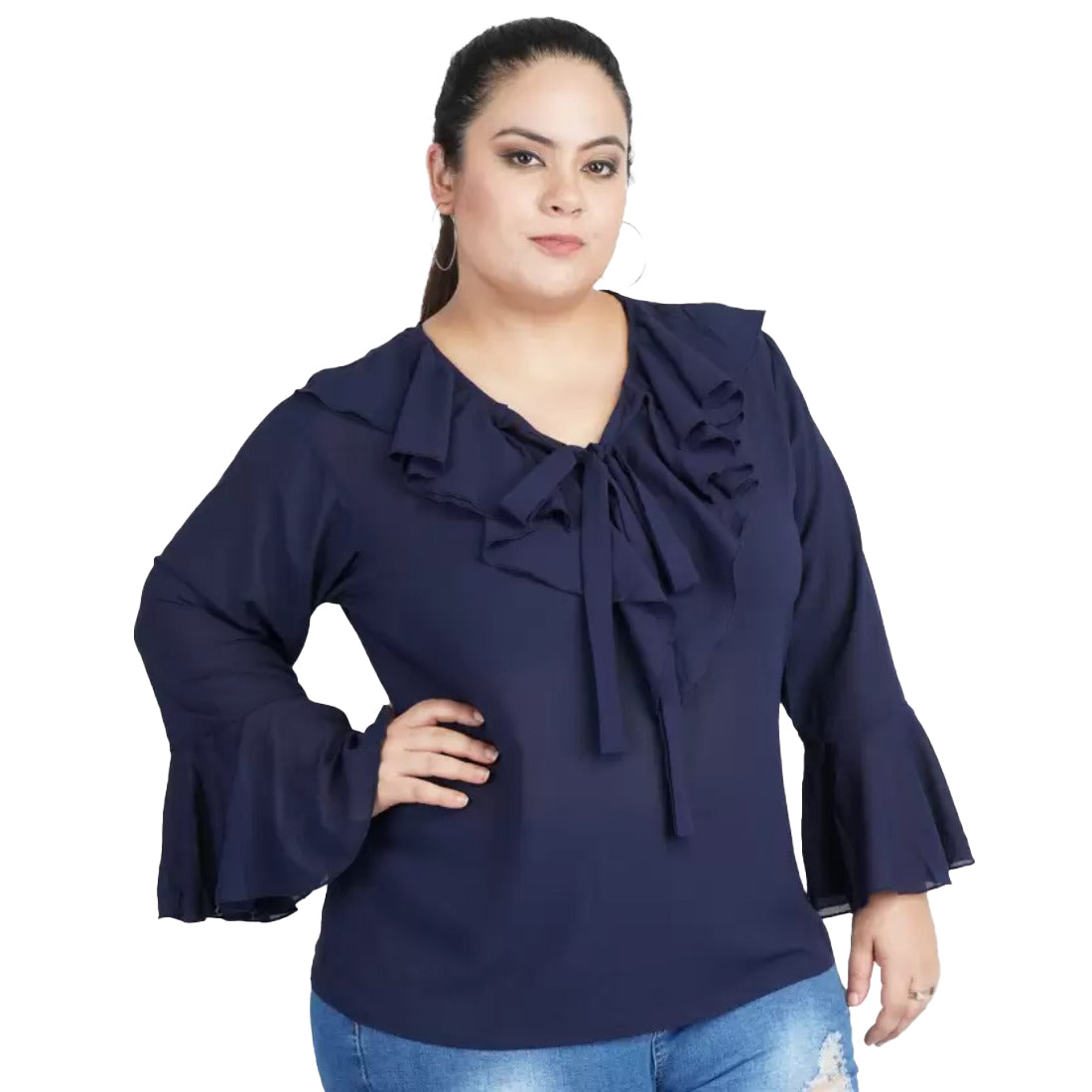 Women's Casual Bell Sleeve Solid Blue Top (Color:Blue, Material:Georgette) - GillKart