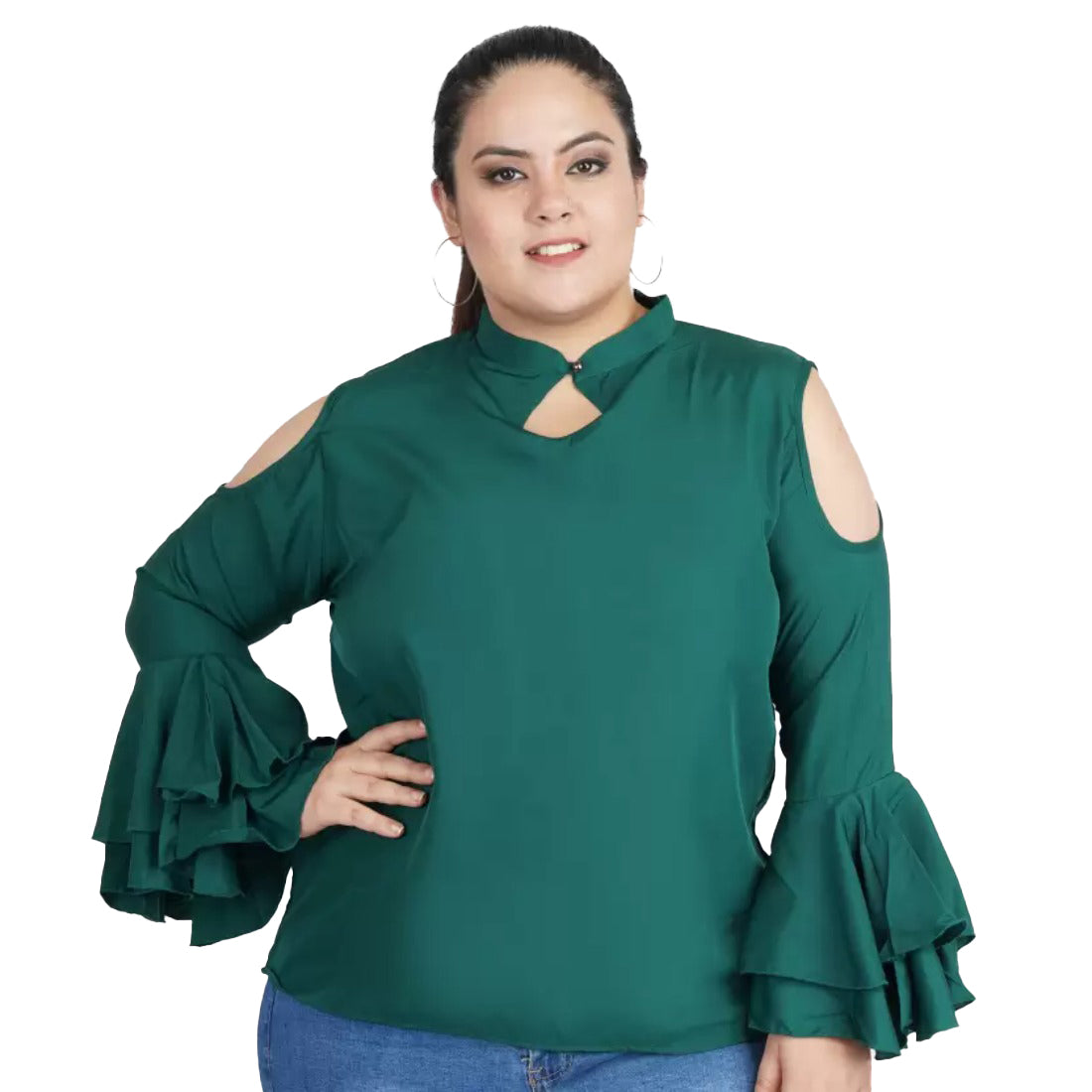 Women's Casual Bell Sleeve Solid Green Top (Color:Green, Material:Crepe) - GillKart