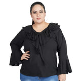 Women's Casual Bell Sleeve Solid Black Top (Color:Black, Material:Georgette) - GillKart