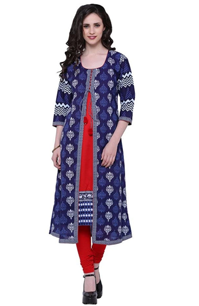 Women's Cotton Printed Long Kurti (Blue, Red, Cotton) - GillKart