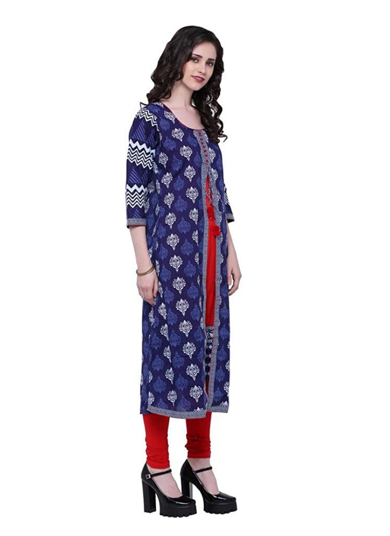 Women's Cotton Printed Long Kurti (Blue, Red, Cotton) - GillKart