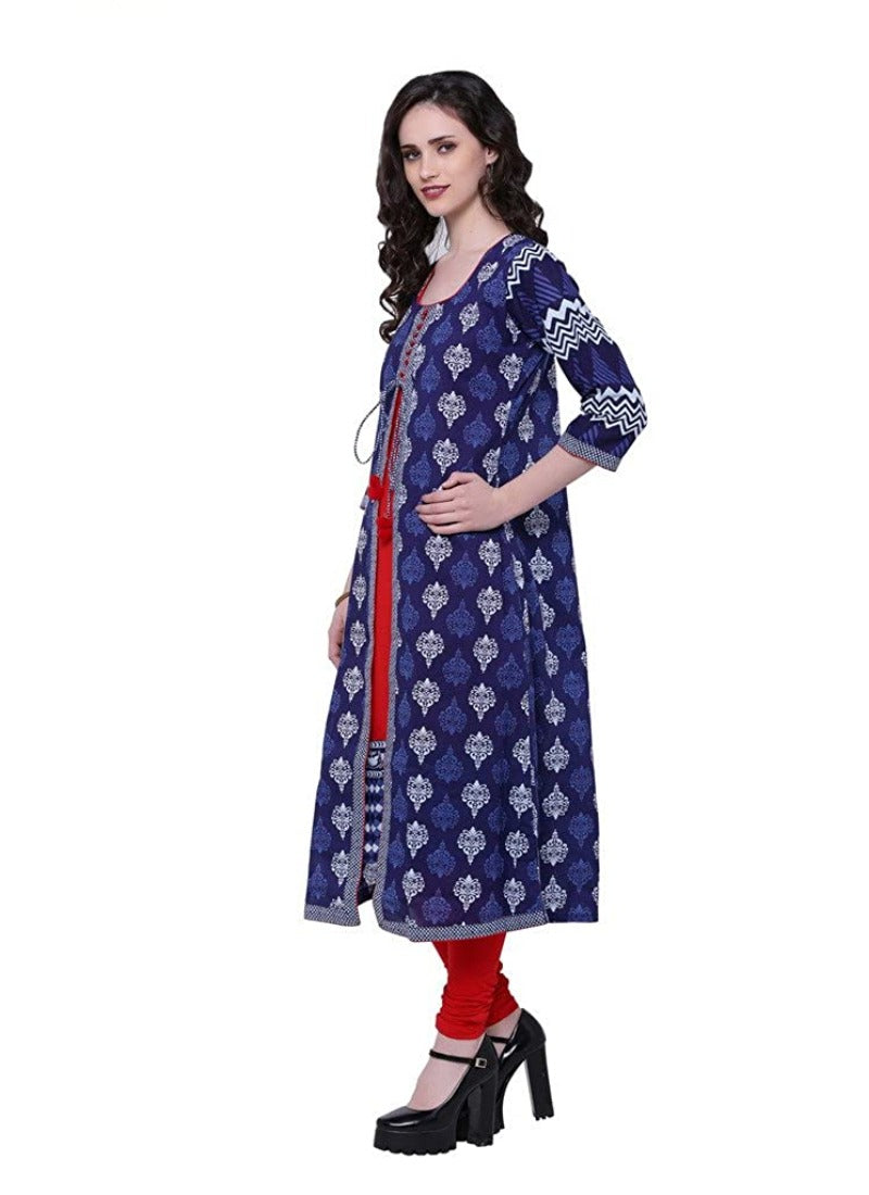 Women's Cotton Printed Long Kurti (Blue, Red, Cotton) - GillKart