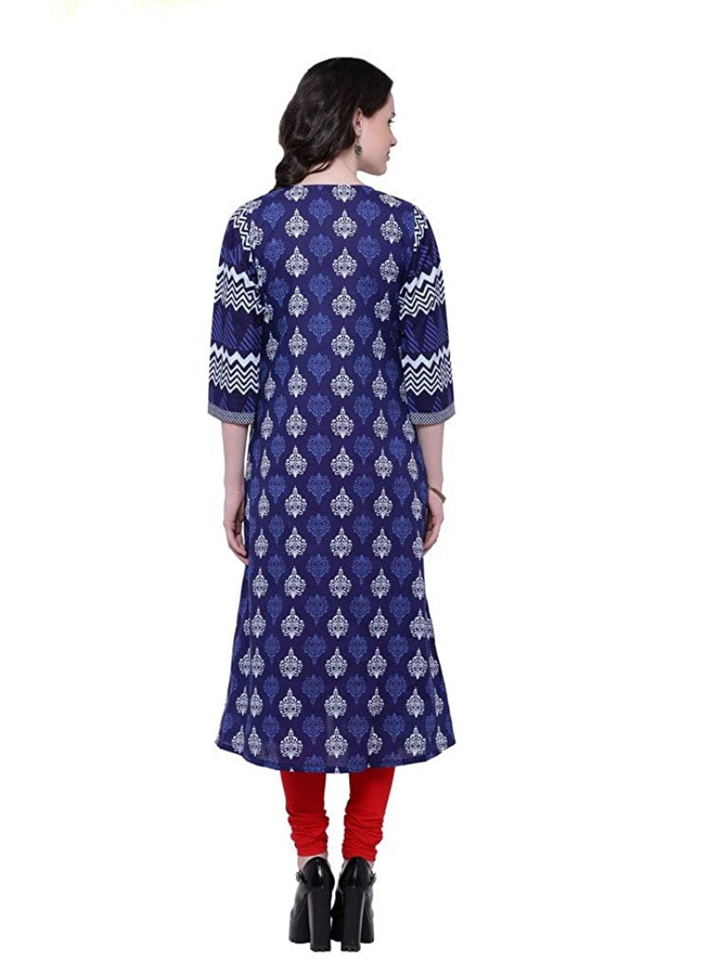 Women's Cotton Printed Long Kurti (Blue, Red, Cotton) - GillKart