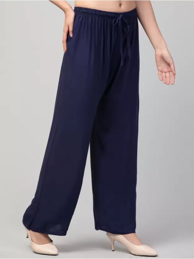 Women's Plus Size Relaxed Fit Viscose Rayon Palazzo Trousers (Dark Blue) - GillKart