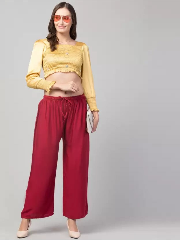 Women's Plus Size Relaxed Fit Viscose Rayon Palazzo Trousers (Maroon) - GillKart