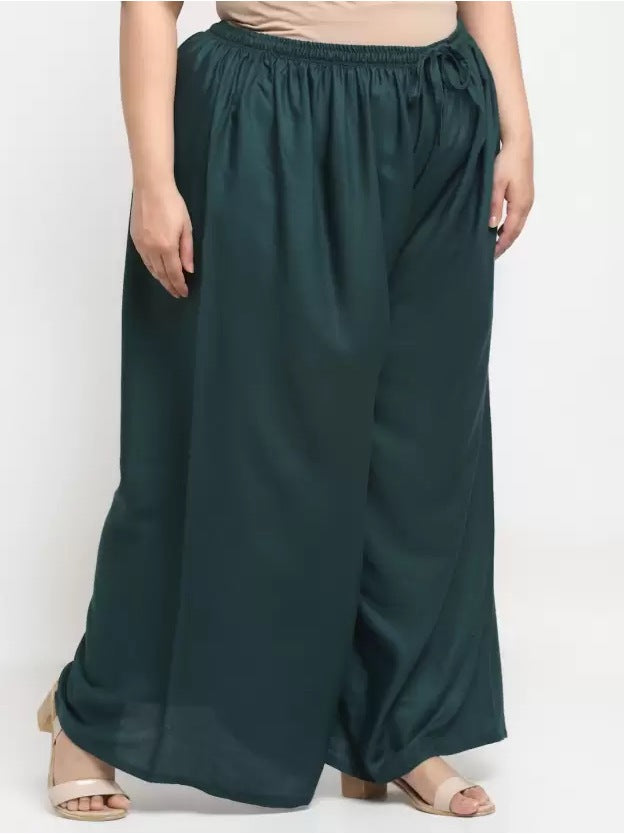 Women's Plus Size Flared Fit Viscose Rayon Palazzo Trousers (Dark Green) - GillKart