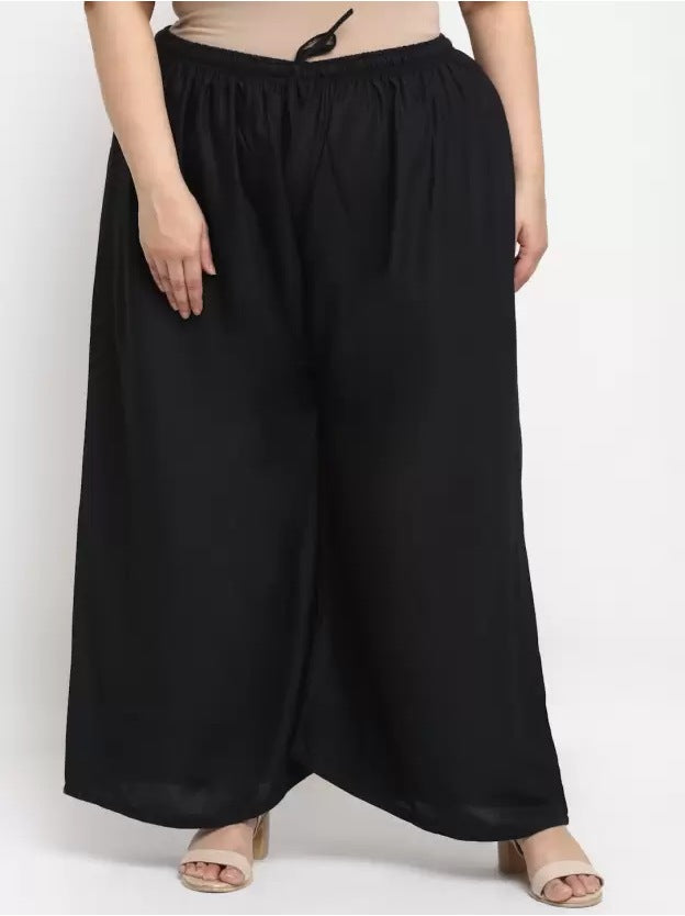 Women's Plus Size Flared Fit Viscose Rayon Palazzo Trousers (Black) - GillKart