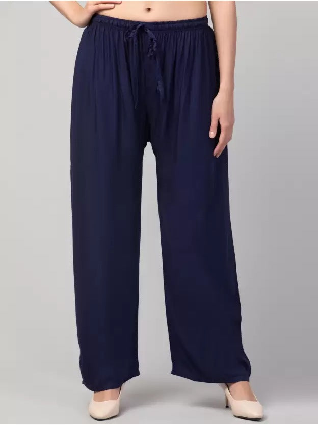 Women's Plus Size Relaxed Fit Viscose Rayon Palazzo Trousers (Dark Blue) - GillKart