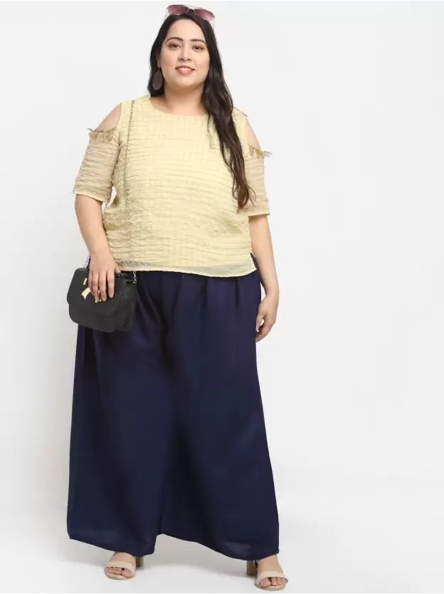 Women's Plus Size Flared Fit Viscose Rayon Palazzo Trousers (Dark Blue) - GillKart