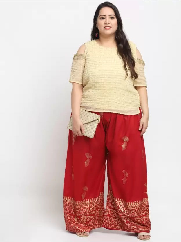 Women's Plus Size Relaxed Fit Viscose Rayon Palazzo Trousers (Red) - GillKart