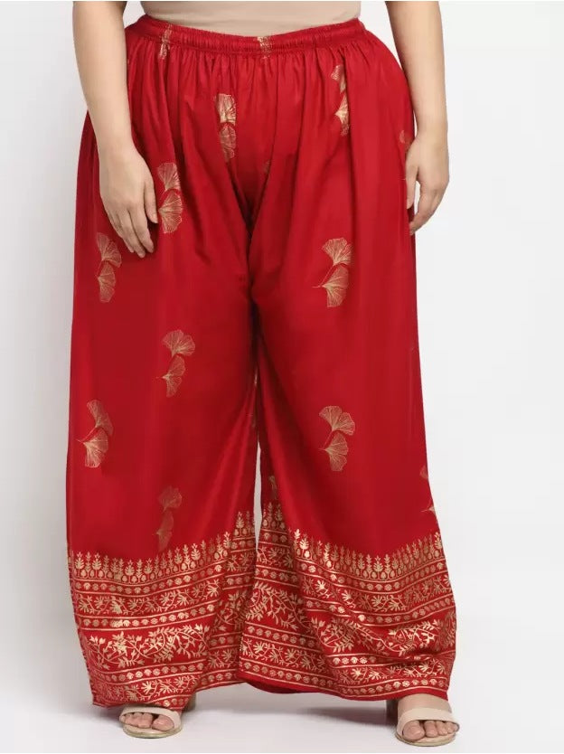 Women's Plus Size Relaxed Fit Viscose Rayon Palazzo Trousers (Red) - GillKart