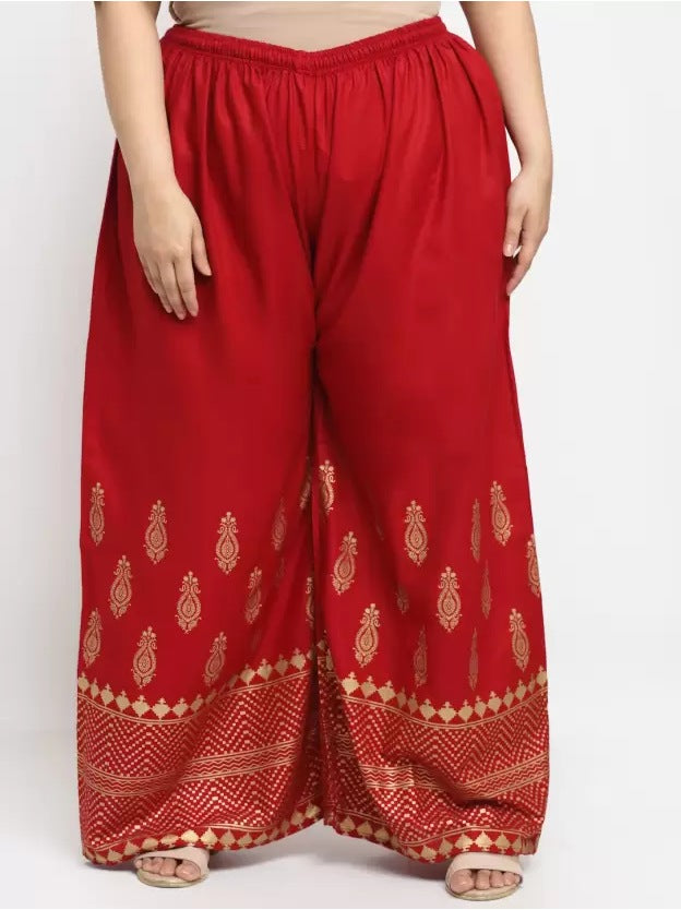 Women's Plus Size Relaxed Fit Viscose Rayon Palazzo Trousers (Red) - GillKart