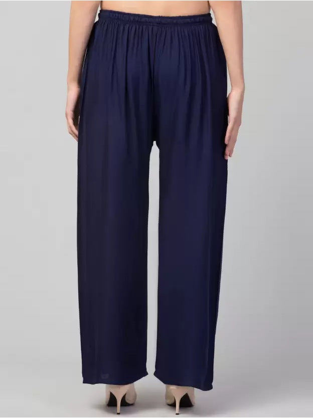 Women's Plus Size Relaxed Fit Viscose Rayon Palazzo Trousers (Dark Blue) - GillKart