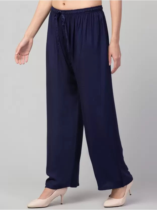 Women's Plus Size Relaxed Fit Viscose Rayon Palazzo Trousers (Dark Blue) - GillKart