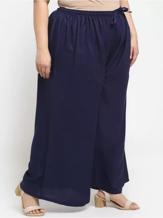 Women's Plus Size Flared Fit Viscose Rayon Palazzo Trousers (Dark Blue) - GillKart