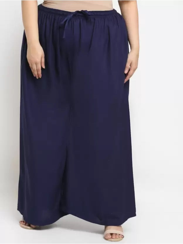 Women's Plus Size Flared Fit Viscose Rayon Palazzo Trousers (Dark Blue) - GillKart