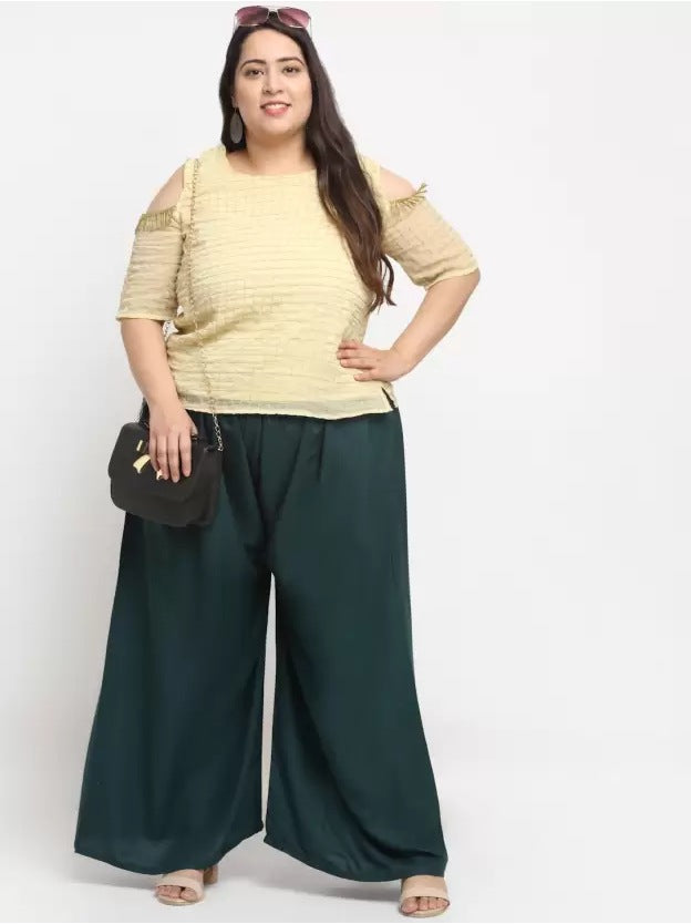 Women's Plus Size Flared Fit Viscose Rayon Palazzo Trousers (Dark Green) - GillKart