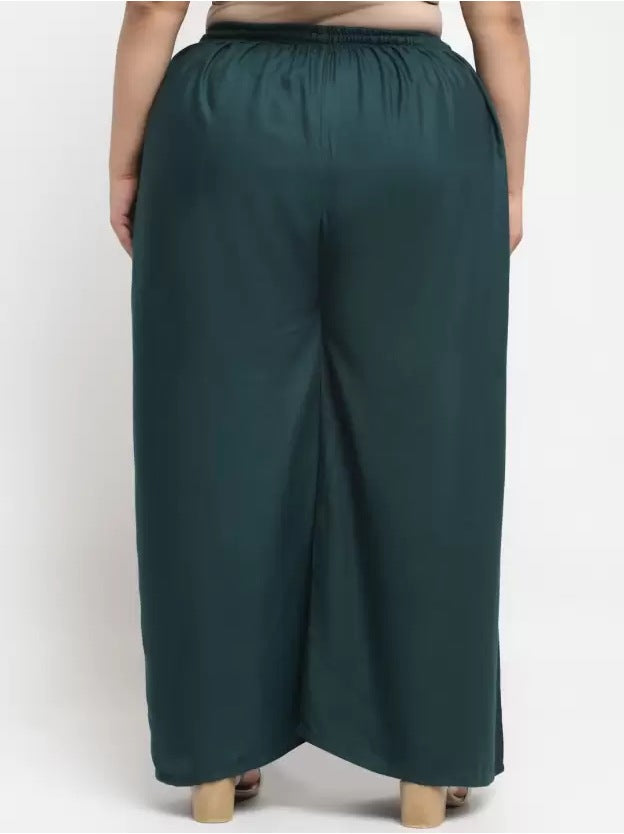 Women's Plus Size Flared Fit Viscose Rayon Palazzo Trousers (Dark Green) - GillKart