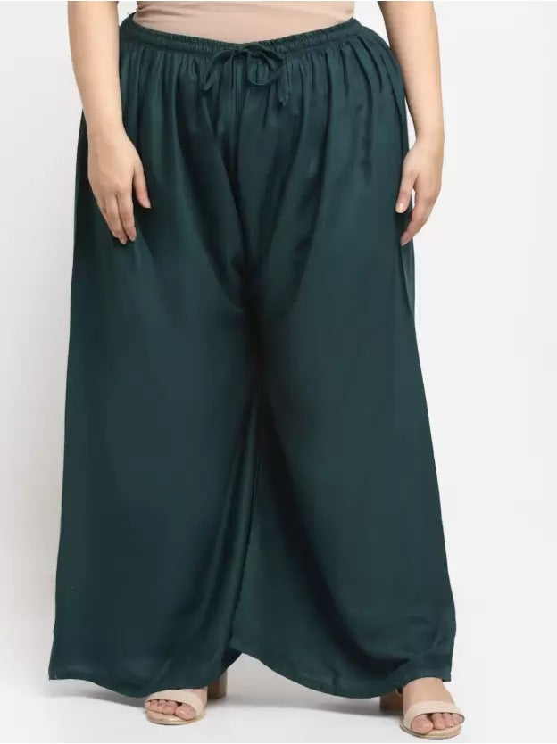 Women's Plus Size Flared Fit Viscose Rayon Palazzo Trousers (Dark Green) - GillKart