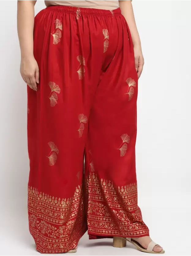 Women's Plus Size Relaxed Fit Viscose Rayon Palazzo Trousers (Red) - GillKart