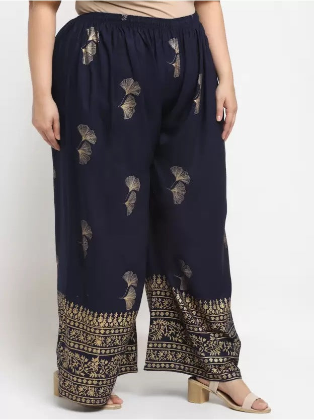 Women's Plus Size Relaxed Fit Viscose Rayon Palazzo Trousers (Dark Blue) - GillKart