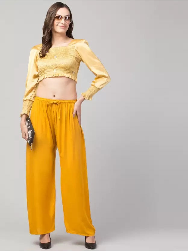 Women's Plus Size Relaxed Fit Viscose Rayon Palazzo Trousers (Yellow) - GillKart