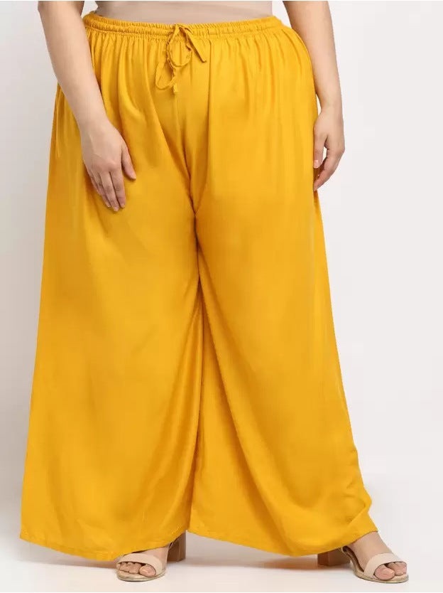 Women's Plus Size Flared Fit Viscose Rayon Palazzo Trousers (Yellow) - GillKart