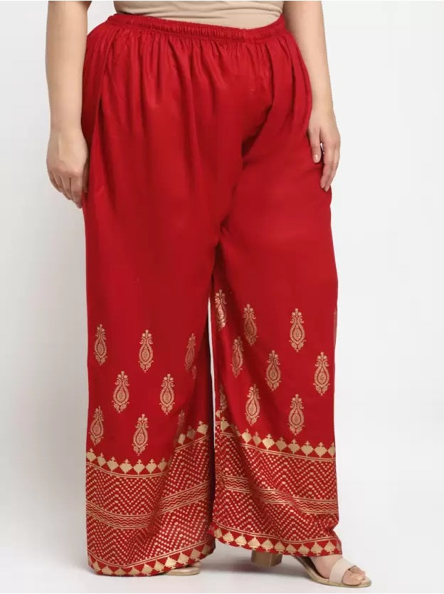 Women's Plus Size Relaxed Fit Viscose Rayon Palazzo Trousers (Red) - GillKart