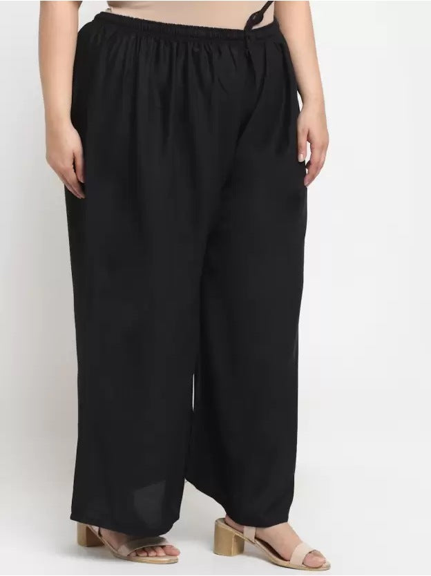 Women's Plus Size Flared Fit Viscose Rayon Palazzo Trousers (Black) - GillKart