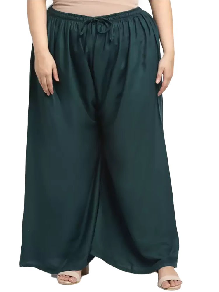 Women's Plus Size Flared Fit Viscose Rayon Palazzo Trousers (Dark Green) - GillKart