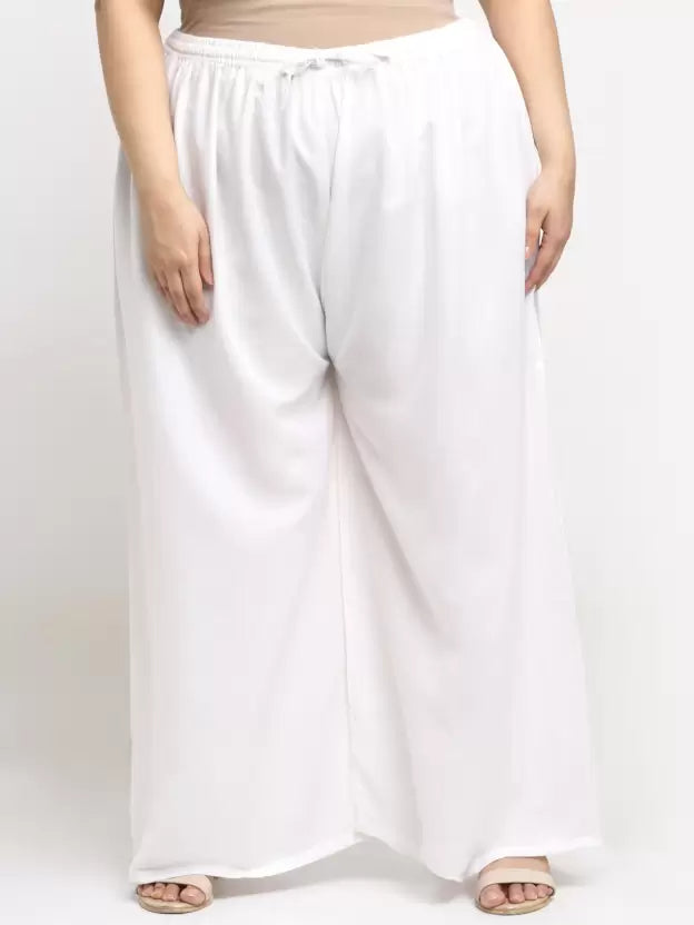 Women's Plus Size Flared Fit Viscose Rayon Palazzo Trousers (White) - GillKart