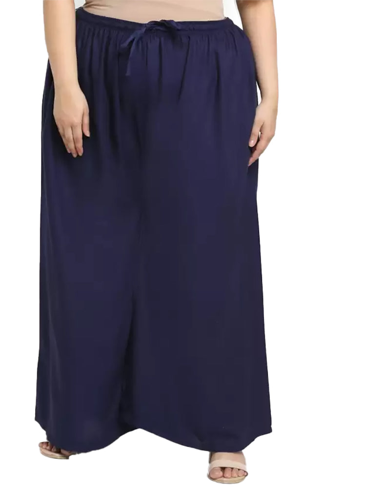 Women's Plus Size Flared Fit Viscose Rayon Palazzo Trousers (Dark Blue) - GillKart