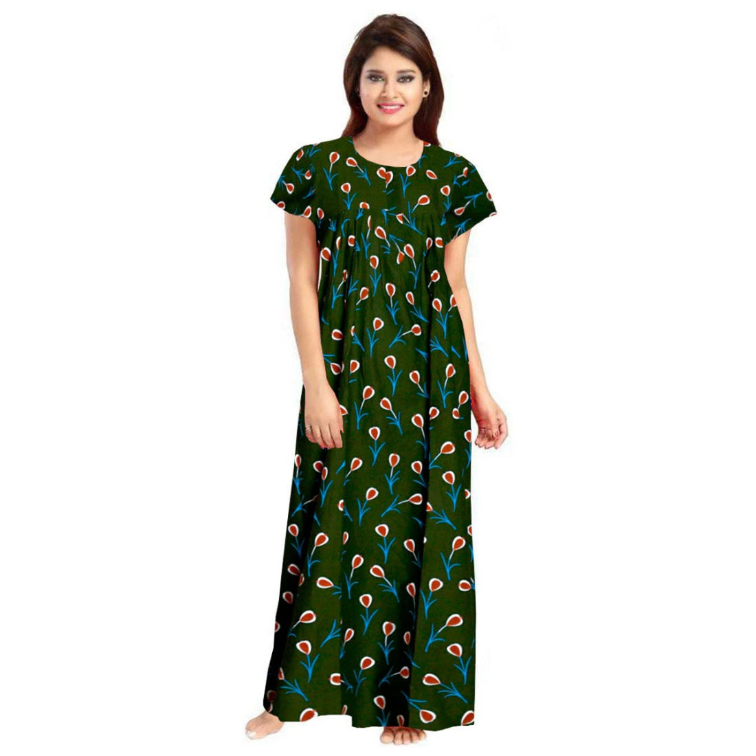 Women's Cotton Printed Maxi Nighty (Green) - GillKart