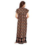 Women's Cotton Printed Maxi Nighty (Brown) - GillKart