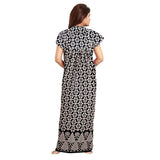 Women's Cotton Printed Maxi Nighty (Black) - GillKart