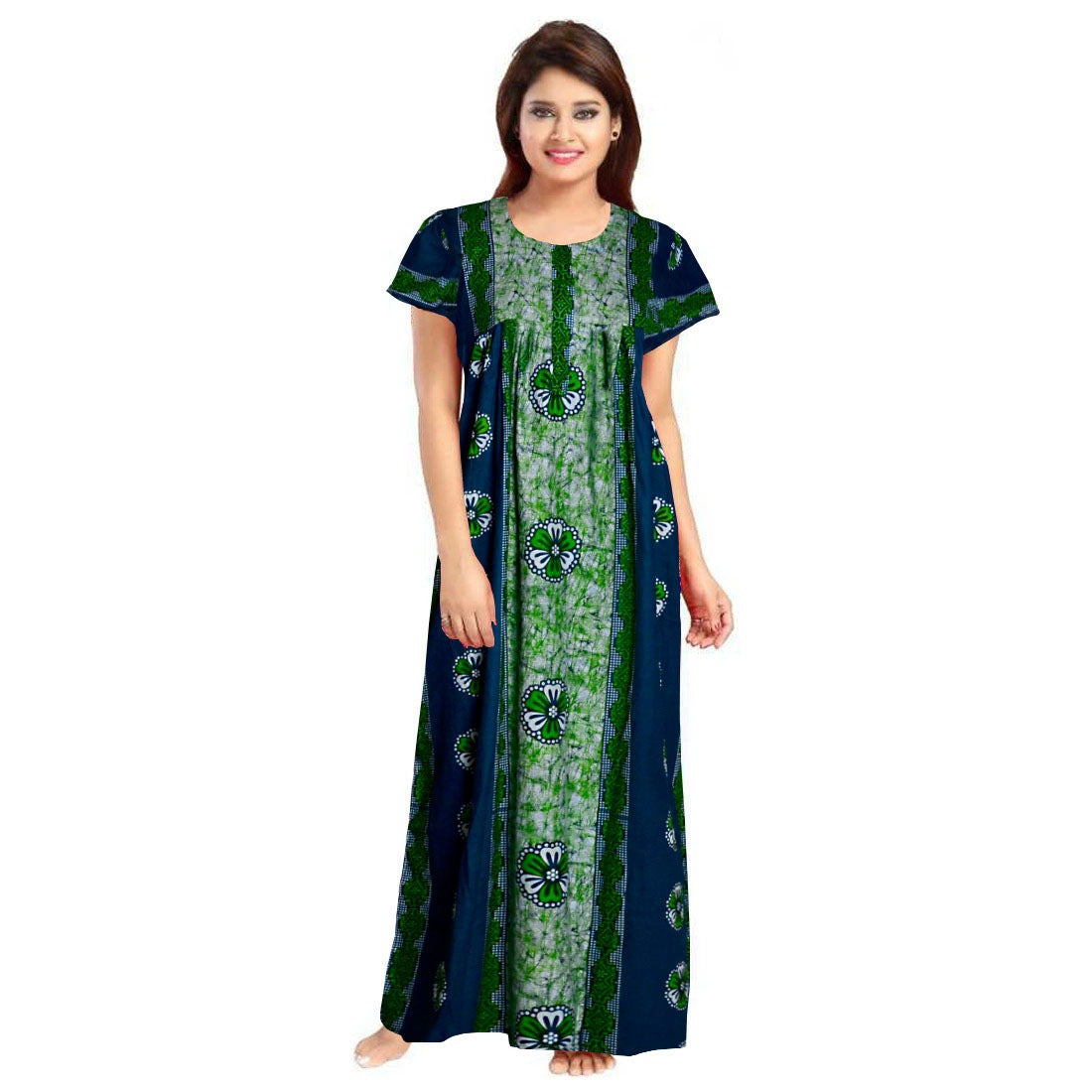 Women's Cotton Printed Maxi Nighty (Green) - GillKart