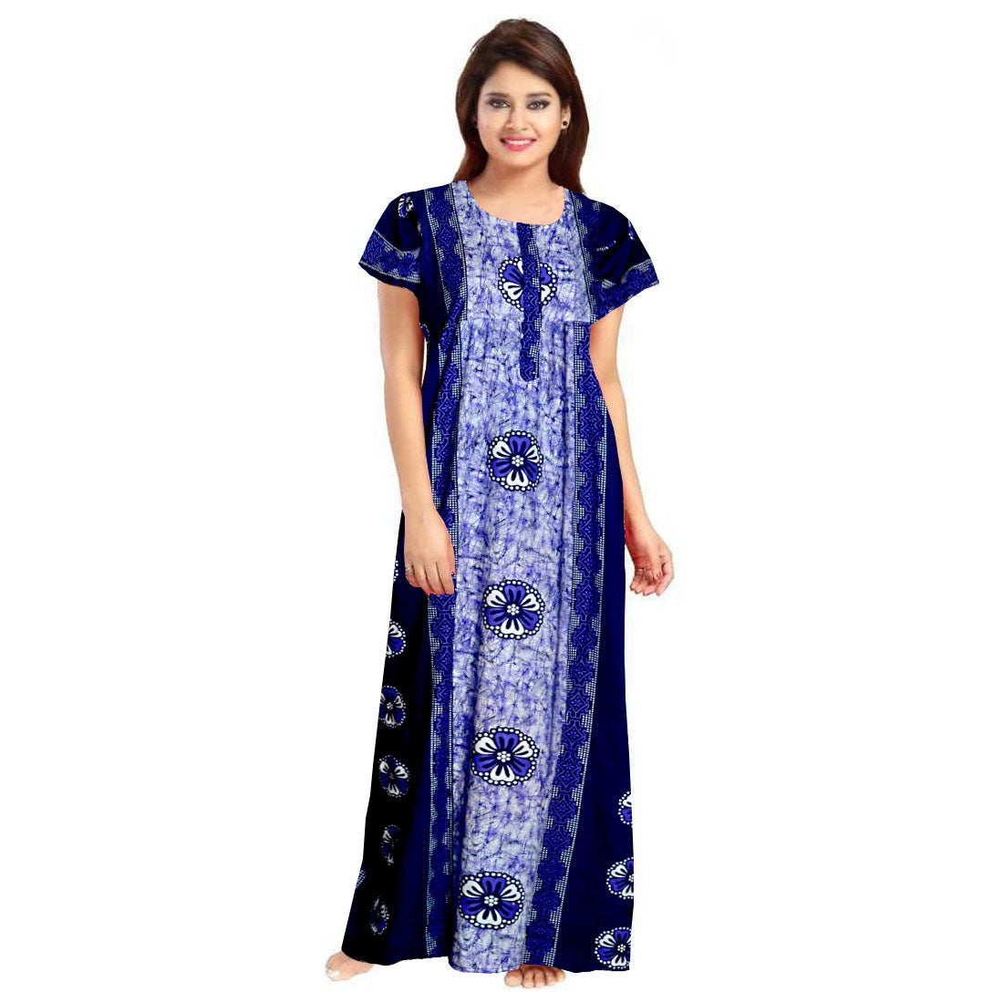 Women's Cotton Printed Maxi Nighty (Blue) - GillKart