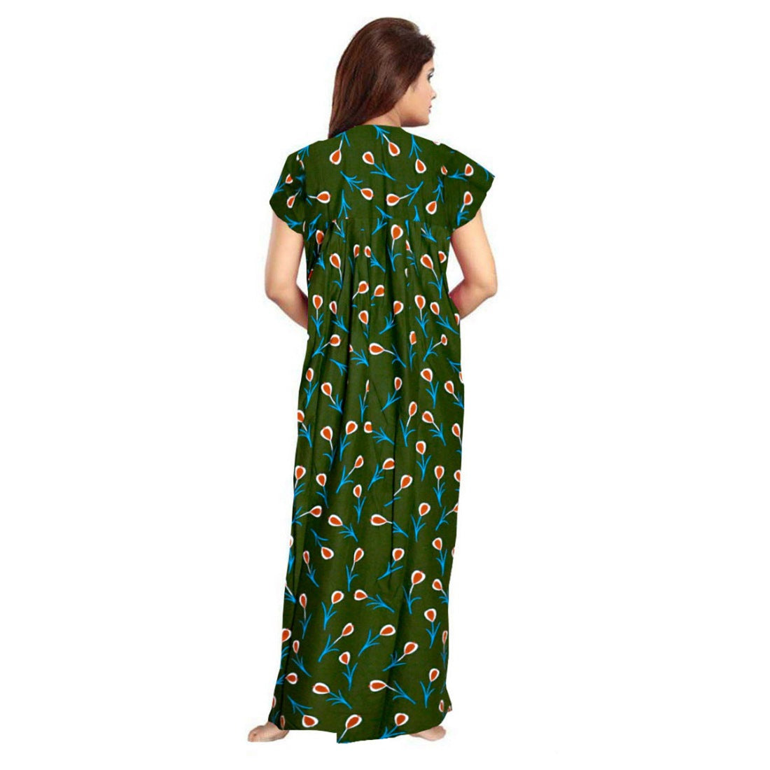 Women's Cotton Printed Maxi Nighty (Green) - GillKart