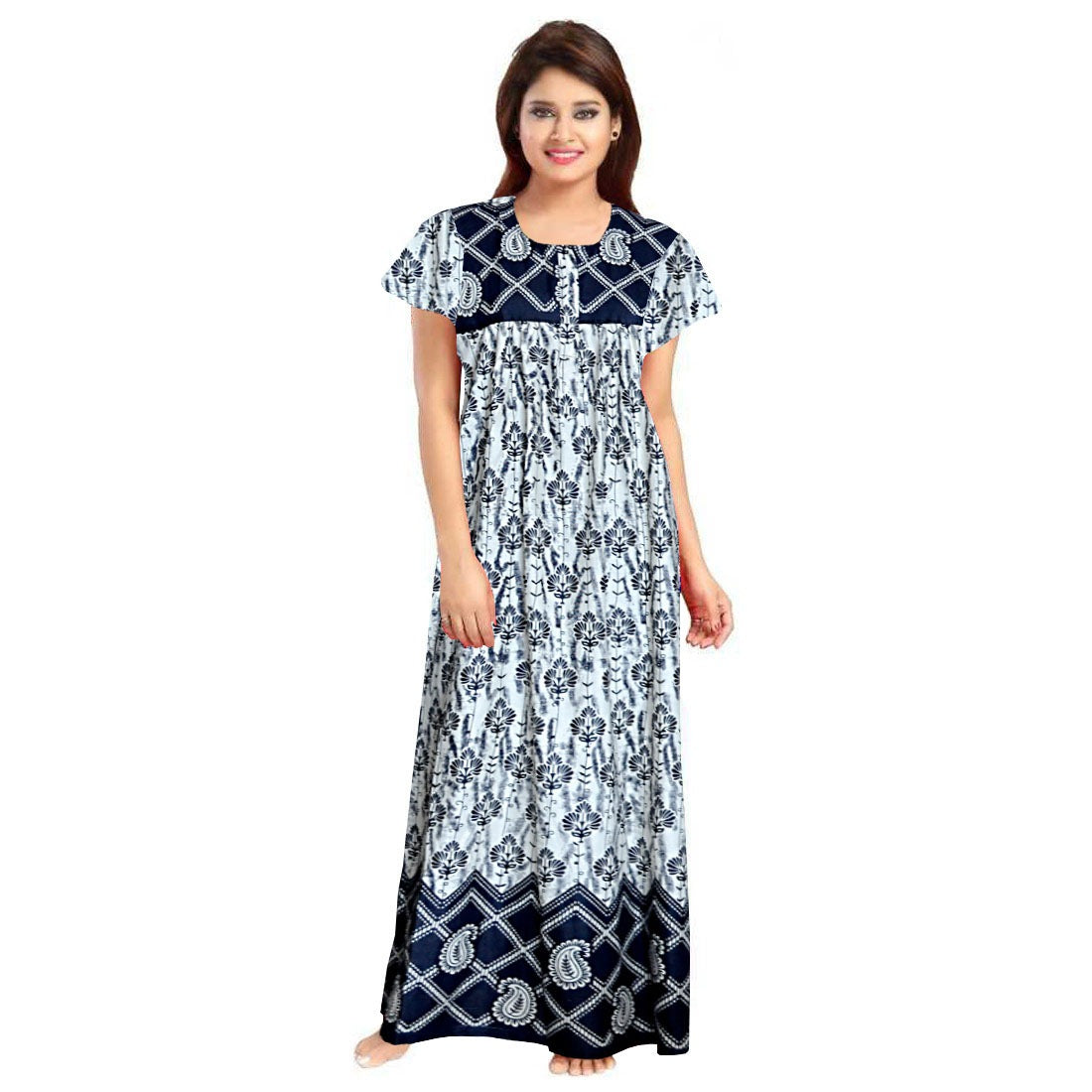 Women's Cotton Printed Maxi Nighty (Navy Blue) - GillKart